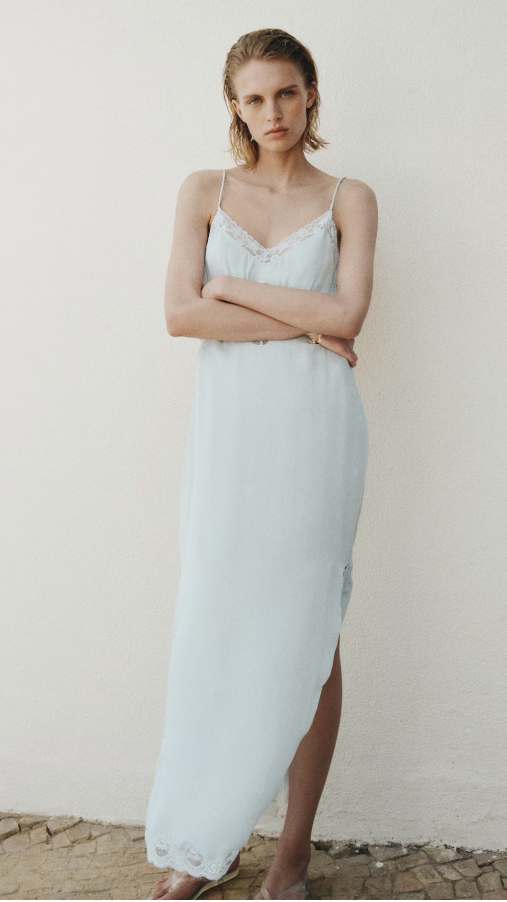 H&M — light blue lace trim strappy maxi dress