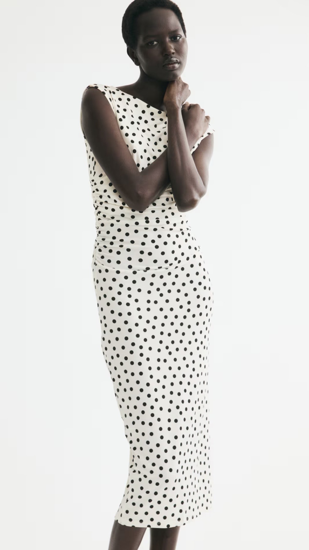 H&M — cream polka dot cap sleeve midi dress